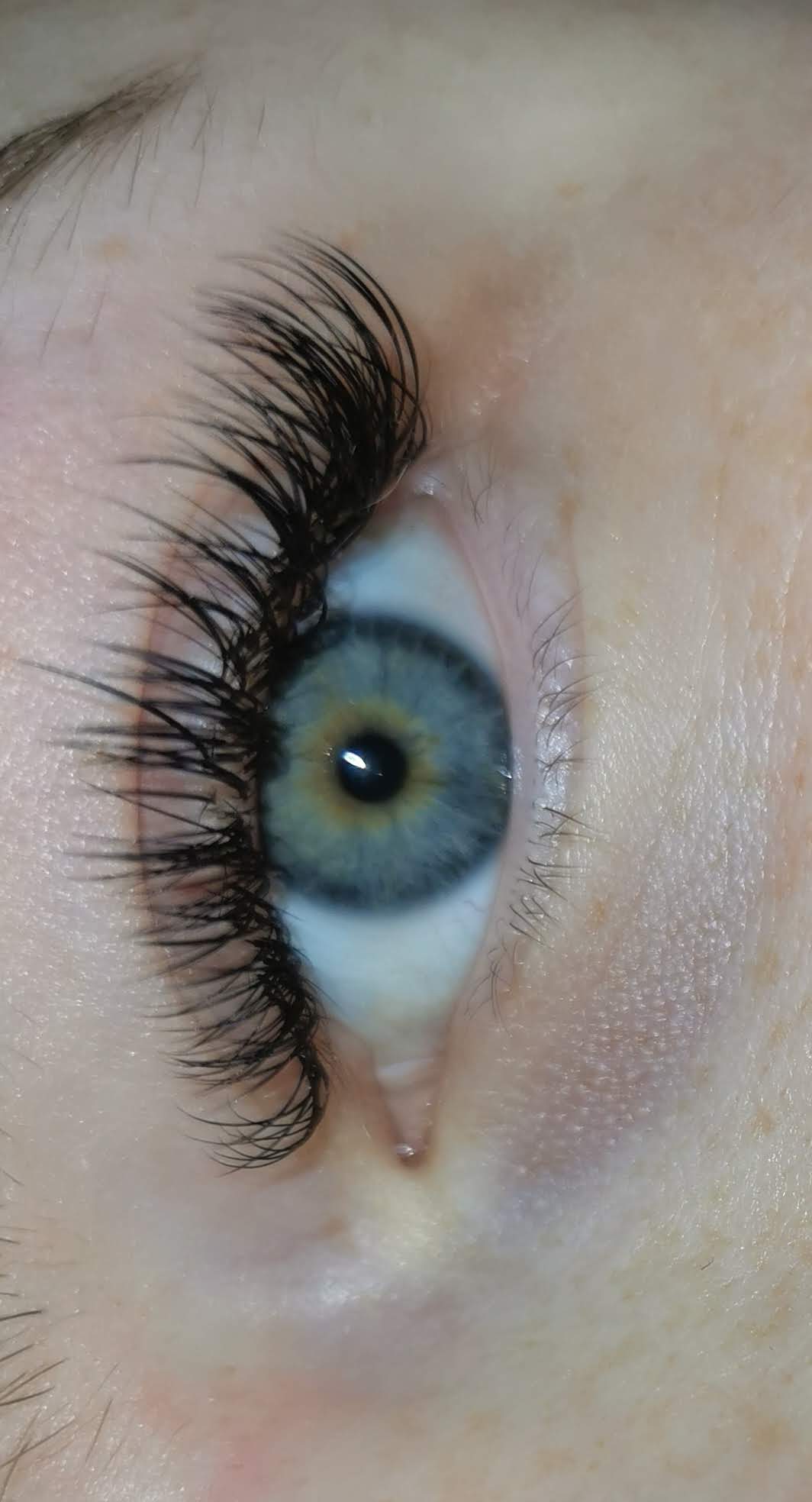 Lash extensions close up on a blue eye